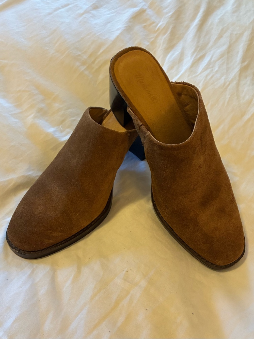 Madewell, suede mules/slides, stacked heel.